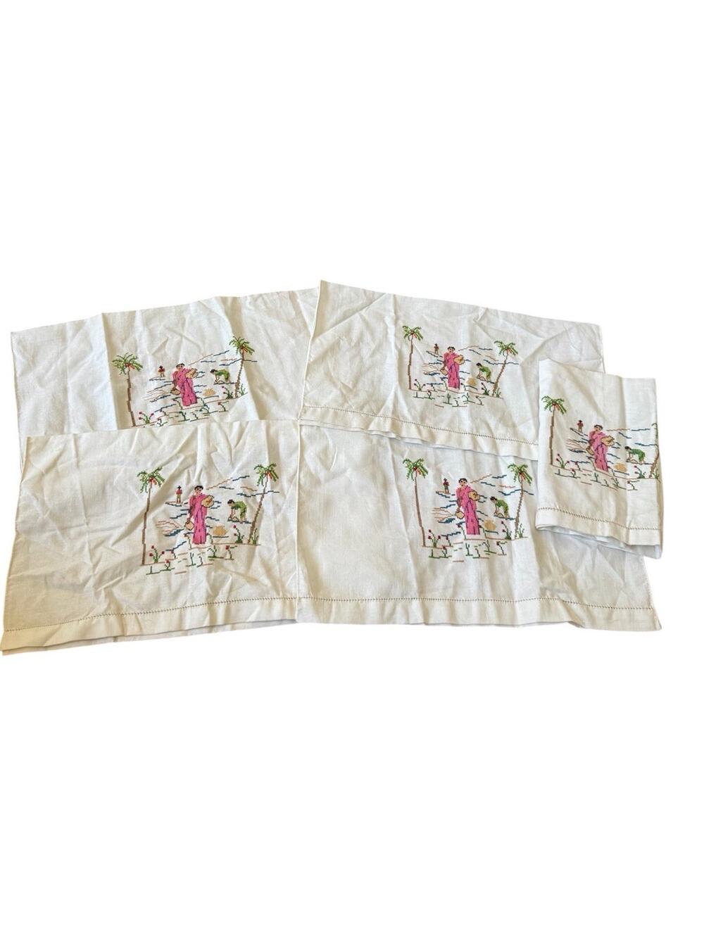 Vintage Cross Stitch Cocktail Napkins Asian Tropical Palm Tree Linen Lot 5 READ